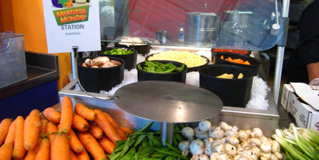 Meatless Monday station at UF Dining Hall, offering a diverse selection of vegetables