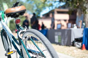 Focused close-up of a bicycle on campus