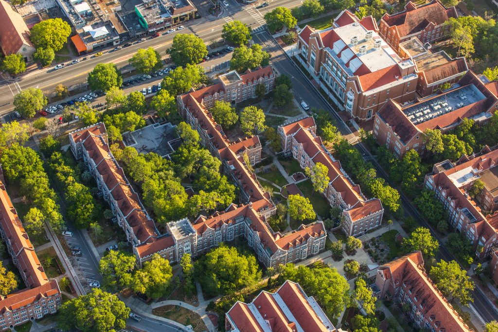 Aerial image of UF campus buildings