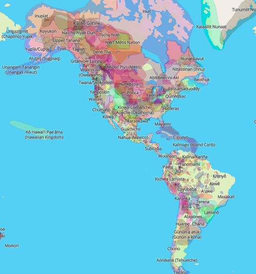 Image of colorful map displaying Indigenous nations, languages, and treaties in the Americas. 