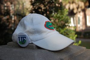 White UF hat with Sustainable UF button