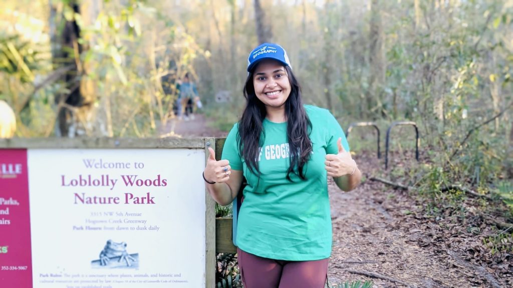 Anusha Chaudhary hiking at Loblolly Woods Nature Park in Gainesville, Florida. 