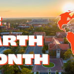 UF Earth Month text and logo over aerial shot of UF Campus.